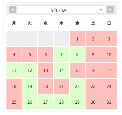 2026年5月のWebサイト制作・打合せカレンダー|マザーシップウェブ制作事務所